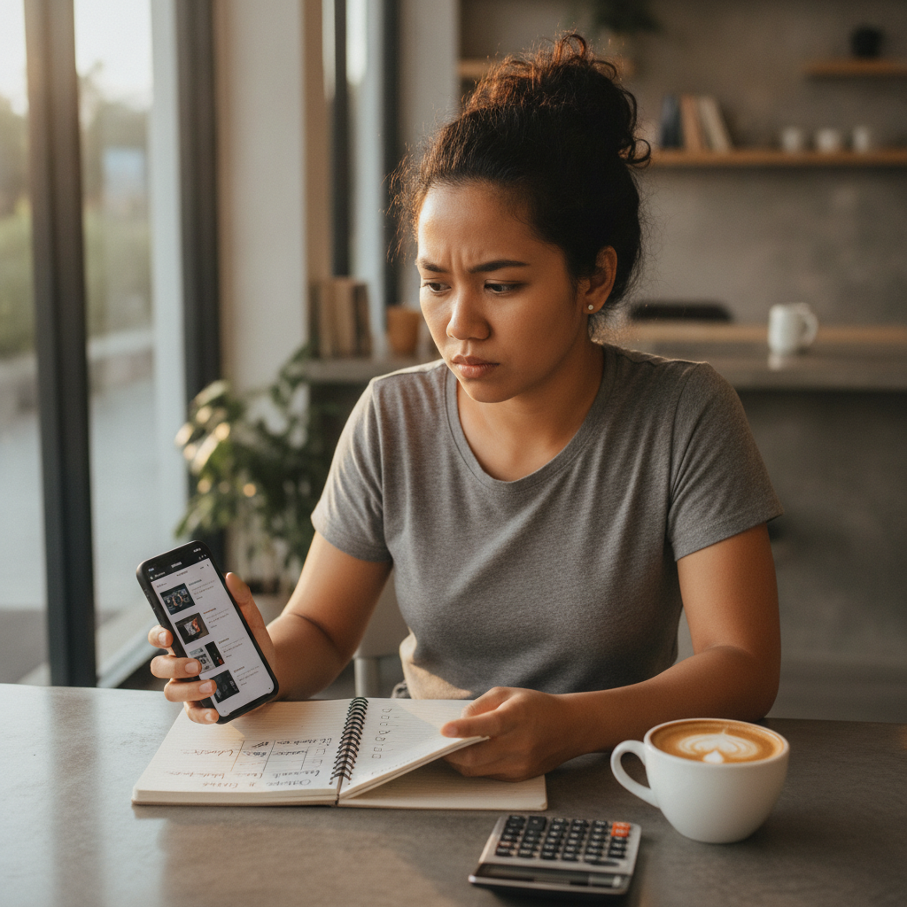 Filipino player comparing online casino bonus offers on mobile phone with notes